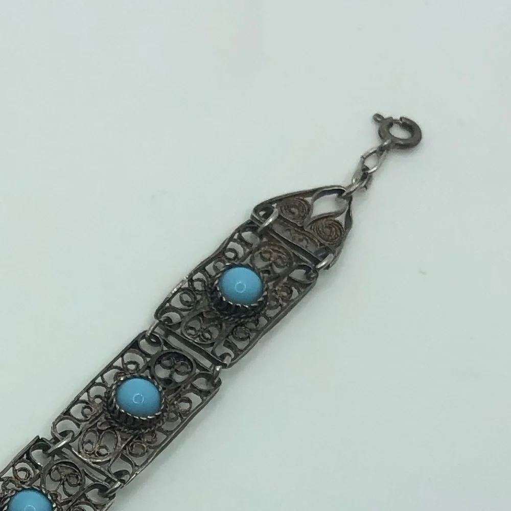 Vtg Sterling Turquoise Cabochon Filigree Panel Link Bracelet 8” - Picture 5 of 8